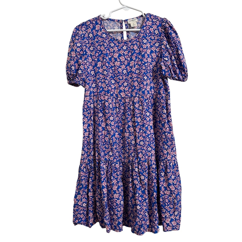 Crewcuts Tiered Floral Dress Kids Size 8 Blue Short Sleeve Viscose